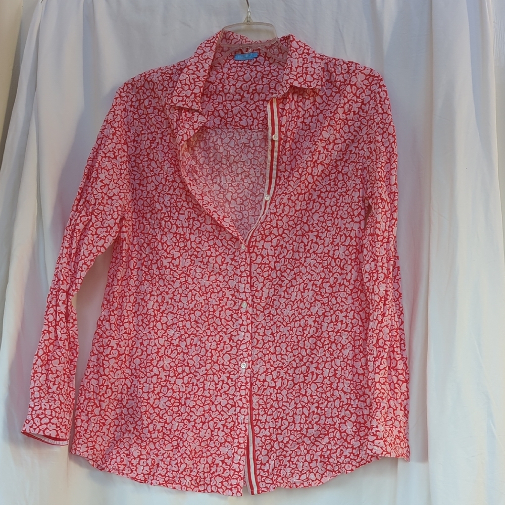 J. McLaughlin crinkle red/white floral shirt with contrast stripe